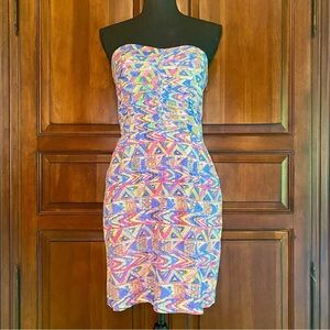 Charlie Jade silk strapless mini‎ dress, size M, blue green pink geometric print